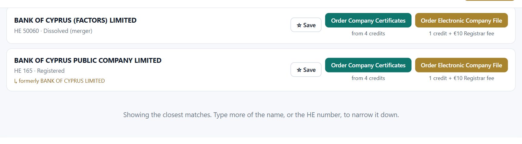 Search results for BANK OF CYPRUS showing two companies with HE number, status and order buttons