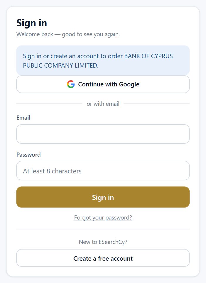 Sign in window: sign in or create an account to order BANK OF CYPRUS PUBLIC COMPANY LIMITED